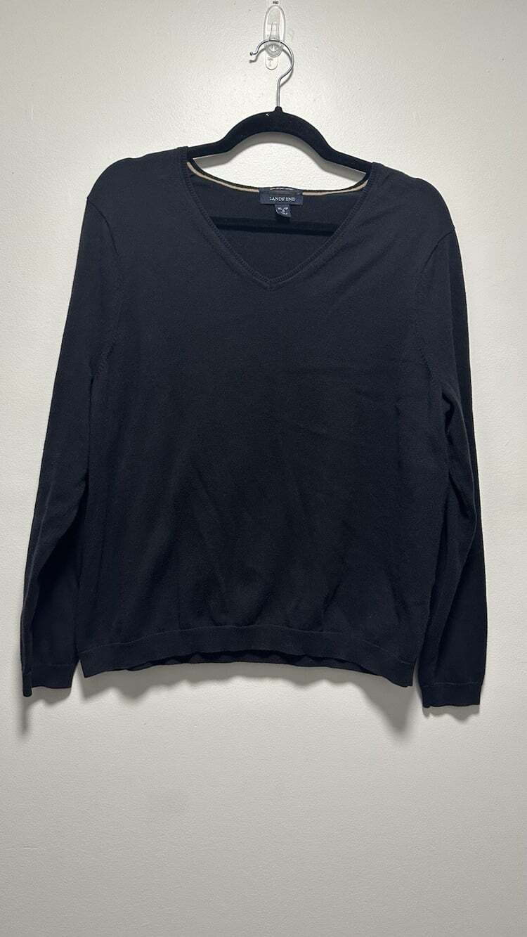 Lands End Sweater Womens XL/P 18 Black Supima V-Neck Long Sleeve Pullover
